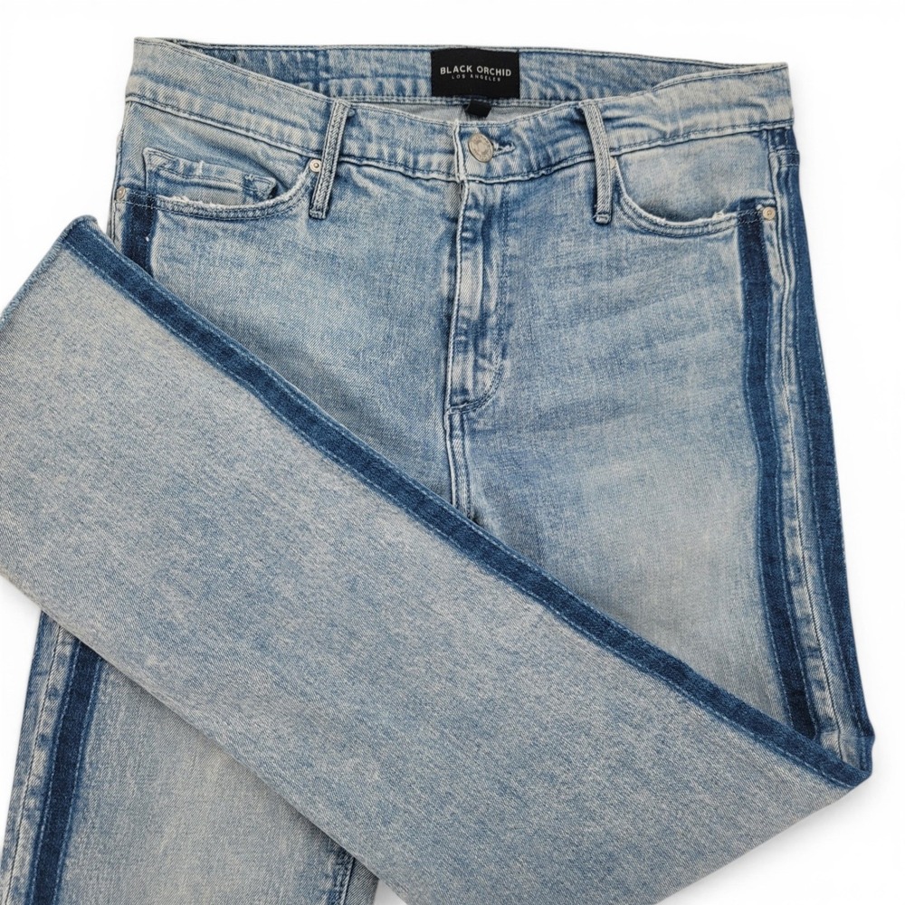 Black Orchid Jeans 28 Crop‎ Straight Raw Hem Side Stripe Premium Denim Blue